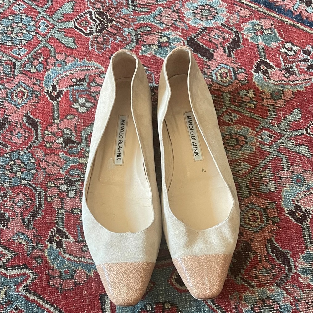 Manolo Blahnik Cream and Pink Flats
